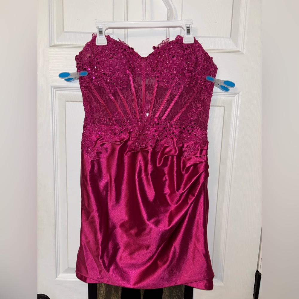 Strapless Pink Lace Corset Top Satin Homecoming Dress